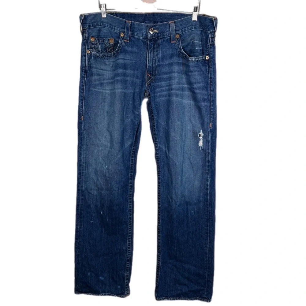 True Religion | Bobby Blue Straight Leg Jeans Slightly Distressed Style